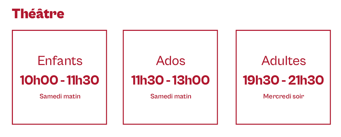 Image indiquant les horaires des ateliers de théâtre pour enfants, adolescents et adultes