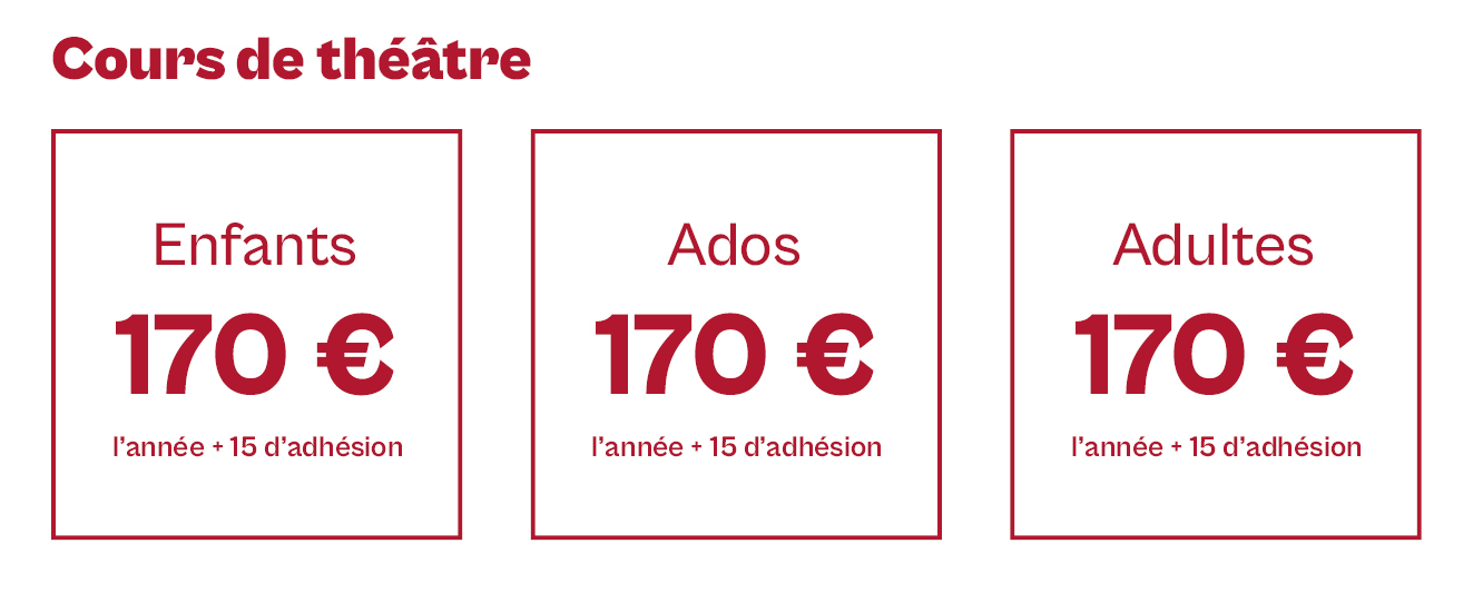 Tarif unique pour les cours de théâtre pour enfants, adolescents ou adultes : 170 €  à l'année et 15 € d'adhésion.